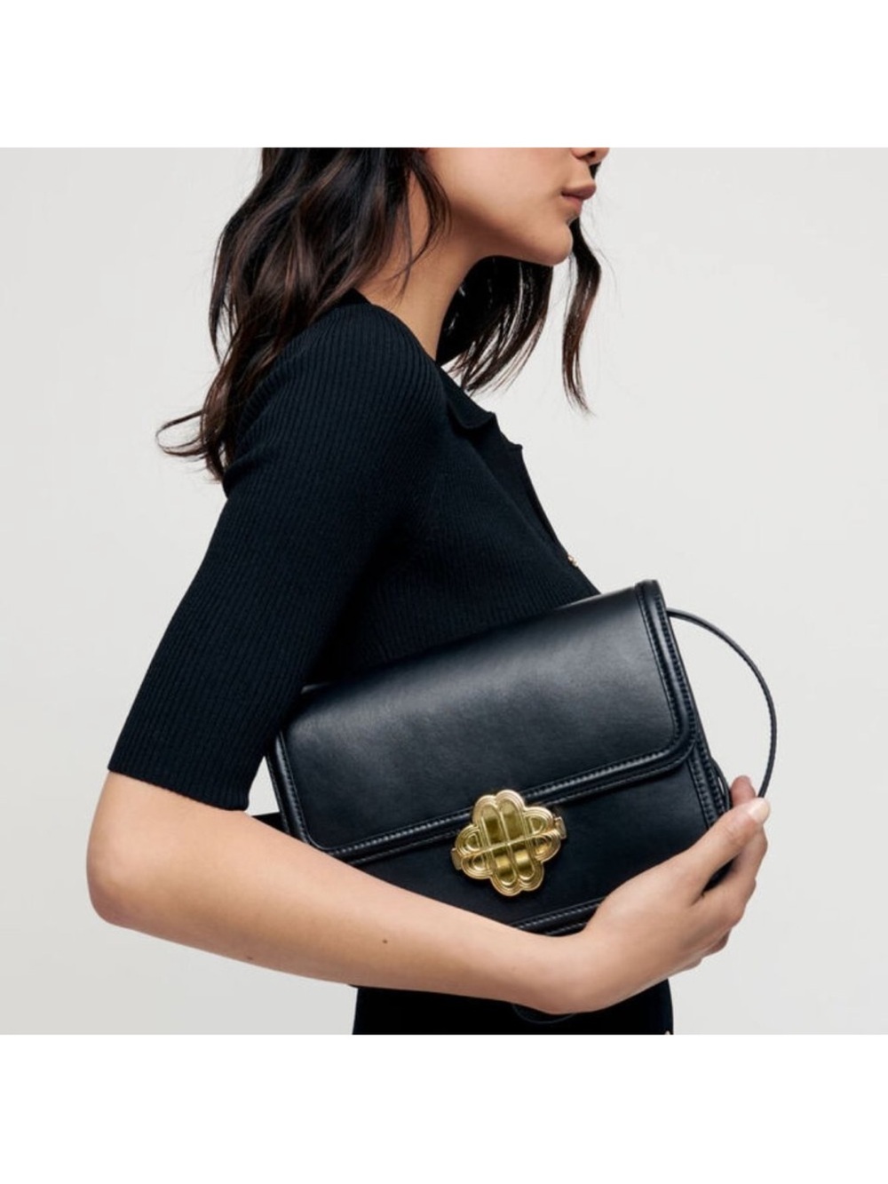 Maje Black Leather Shoulder Bag with Gold Clasp